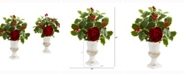 Nearly Natural 15in. Rose and Holly Leaf Artificial Arrangement in White Urn Set of 2